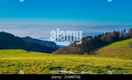 Deutschland, Schwarzwaldblick über endloses Meer aus Wolken und Nebel im freiburger Tal im breisgau Naturlandschaft Stockfoto