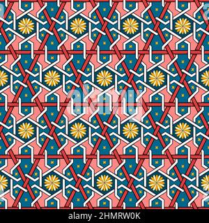 Gelbe Blume auf Rosa Blau Geometrische ethnische orientalische Muster traditionelle Design für Hintergrund, Teppich, Tapete, Kleidung, Verpackung, Batik, Stoff, illus Stockfoto