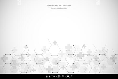 Medizinischer Hintergrund mit Sechseck-Muster und Kreuzen. Vektor-Illustration für Gesundheitswesen und Medizin Design, pharmazeutische Herstellung Stock Vektor