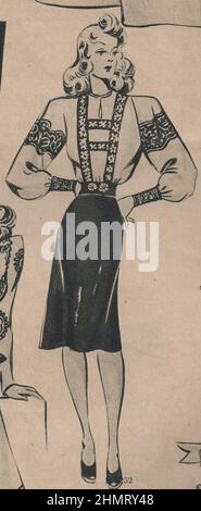 Weltkrieg ii, Werbung, historisch, Grafik-Design, Illustration, Ephemra, 1940s Modemagazin, Bekleidung, Publikation, 1940s, 1943 Zeitschrift, 20th Jahrhundert, Archiv, Kunstwerk, Design, Grafik, Kulturerbe, Geschichte, l ayout, Nostalgie, Kleidung, Damen, Dame, Zeitschrift, Stil, Stil Zeitschrift, Werbung, Anzeigen, Werbung, Werbung, Werbung, Mantel, Mäntel, weiblich, weiblich, Kleidung, Veröffentlicht, Typografie, Küche, Krieg, war Food, Monochrom, Druck, gedruckt, europa, europäisch, stricken, Dressmaking, Muster. ADDITIONAL-RIGHTS-CLEARANCE-INFO-NOT-AVAILABLE Stockfoto