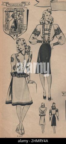 Weltkrieg ii, Werbung, historisch, Grafik-Design, Illustration, Ephemra, 1940s Modemagazin, Bekleidung, Publikation, 1940s, 1943 Zeitschrift, 20th Jahrhundert, Archiv, Kunstwerk, Design, Grafik, Kulturerbe, Geschichte, l ayout, Nostalgie, Kleidung, Damen, Dame, Zeitschrift, Stil, Stil Zeitschrift, Werbung, Anzeigen, Werbung, Werbung, Werbung, Mantel, Mäntel, weiblich, weiblich, Kleidung, Veröffentlicht, Typografie, Küche, Krieg, war Food, Monochrom, Druck, gedruckt, europa, europäisch, stricken, Dressmaking, Muster. ADDITIONAL-RIGHTS-CLEARANCE-INFO-NOT-AVAILABLE Stockfoto