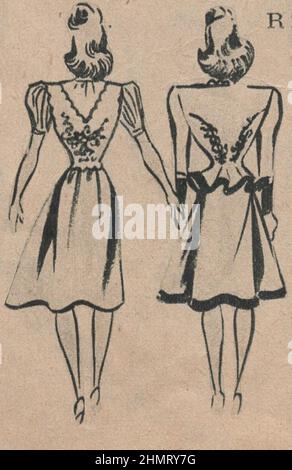 Weltkrieg ii, Werbung, historisch, Grafik-Design, Illustration, Ephemra, 1940s Modemagazin, Bekleidung, Publikation, 1940s, 1943 Zeitschrift, 20th Jahrhundert, Archiv, Kunstwerk, Design, Grafik, Kulturerbe, Geschichte, l ayout, Nostalgie, Kleidung, Damen, Dame, Zeitschrift, Stil, Stil Zeitschrift, Werbung, Anzeigen, Werbung, Werbung, Werbung, Mantel, Mäntel, weiblich, weiblich, Kleidung, Veröffentlicht, Typografie, Küche, Krieg, war Food, Monochrom, Druck, gedruckt, europa, europäisch, stricken, Dressmaking, Muster. ADDITIONAL-RIGHTS-CLEARANCE-INFO-NOT-AVAILABLE Stockfoto