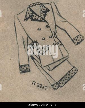 Weltkrieg ii, Werbung, historisch, Grafik-Design, Illustration, Ephemra, 1940s Modemagazin, Bekleidung, Publikation, 1940s, 1943 Zeitschrift, 20th Jahrhundert, Archiv, Kunstwerk, Design, Grafik, Kulturerbe, Geschichte, l ayout, Nostalgie, Kleidung, Damen, Dame, Zeitschrift, Stil, Stil Zeitschrift, Werbung, Anzeigen, Werbung, Werbung, Werbung, Mantel, Mäntel, weiblich, weiblich, Kleidung, Veröffentlicht, Typografie, Küche, Krieg, war Food, Monochrom, Druck, gedruckt, europa, europäisch, stricken, Dressmaking, Muster. ADDITIONAL-RIGHTS-CLEARANCE-INFO-NOT-AVAILABLE Stockfoto