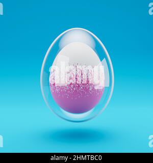 3D Rendering Ostern bemaltes Ei in Glas Ei auf blauem Hintergrund. Happy Easter minimal 3D Rendering Illustration Banner Stockfoto