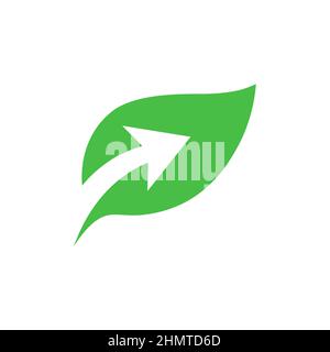 Blatt mit Pfeilsymbol in flacher Ausführung. Eco-Symbol auf Weiß isoliert. Einfaches abstraktes Natursymbol in Grün. Vektorgrafik für Logo, Grafikdesign, Stock Vektor