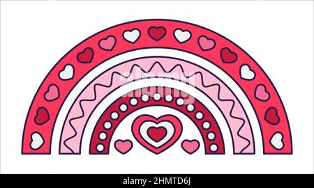 Retro Valentinstag Satz von Symbolen. Love-Symbole im modischen Pop-Line-Art-Stil. Die Figur aus Herz, Regenbogen, Schloss, Ballon in sanftem Rosa, Rot und Stock Vektor