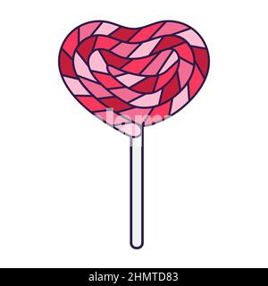 Retro Valentinstag Ikone Süßigkeiten Lollipop Herz auf einem Stock. Liebessymbol im modischen Pop-Line-Art-Stil. Die süßen Süßigkeiten sind in weichem Pink, Rot und Stock Vektor