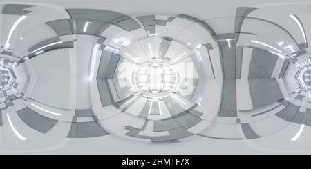 360-Grad-Panorama-Umgebung Karte der hellen futuristischen Technologie Raumstation Schiff Sci-Fi moderne Industrie Labor Flur Tunnel Innenraum 3D Stockfoto