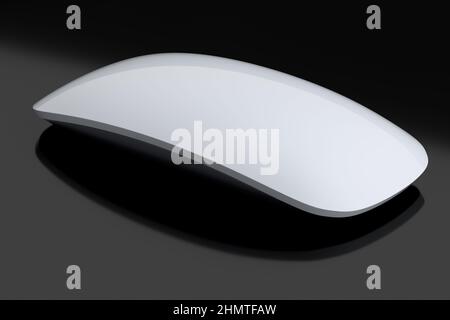 Realistische weiße Computermaus mit isolierter Berührung auf schwarzem Hintergrund. 3D-Rendering des kabellosen Laptop-Trackpads für das Home Office und den Arbeitsplatz Stockfoto