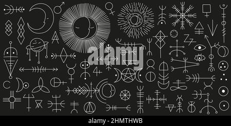 Eine große Reihe von verschiedenen magischen Symbolen und Zeichen. Esoterische Elemente, Magie, Zauberei. Handgezeichnete verschiedene magische Objekte. Vektorgrafik. Stock Vektor