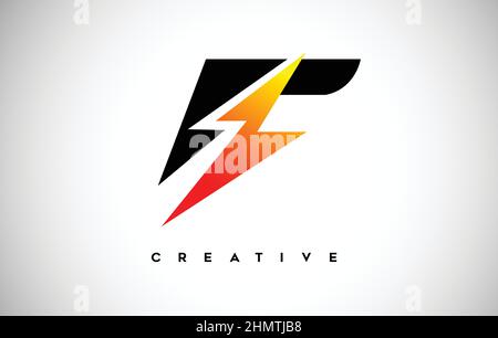 Buchstabe F Thunderbolt Logo Konzept mit schwarzem Buchstaben und Orange Gelb Donner. F Beleuchtung Bolzen Donnerbolzen Beleuchtung Schlag kreativer Buchstabe Vektor. Stock Vektor