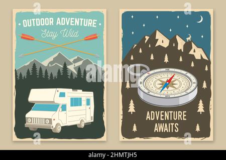 Set von Camping Retro-Plakaten. Vektorgrafik. Konzept für Hemd oder Logo, Print, Stempel oder T-Shirt. Vintage Typografie Design mit Wohnmotorhaus, Wald Stock Vektor