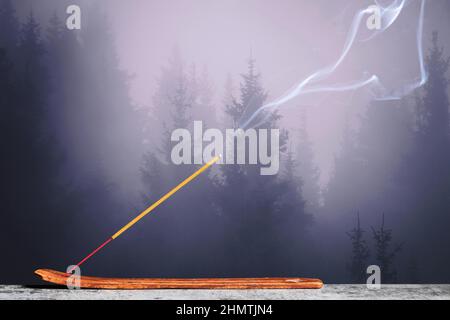 Brennender Räucherstäbchen auf dem Hintergrund einer verstörenden Landschaft aus einem Wald im Nebel. Stockfoto