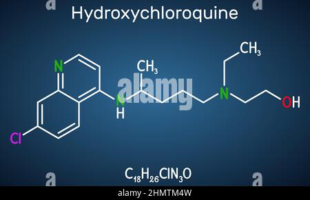 Hydroxychloroquin-Molekül. Es handelt sich um antimalariale Medikamente, die zur Behandlung von Malaria, COVID-19, rheumatoider Arthritis und Lupus erythematodes verwendet werden. Bauliche Chem Stock Vektor