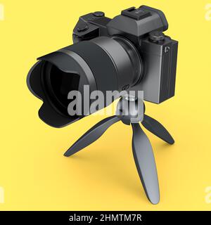 Konzept einer nicht vorhandenen DSLR-Kamera mit Makroobjektiv und Stativ, isoliert auf einem gelben Hintergrund. 3D Rendering und Illustration von professionellen Photograp Stockfoto
