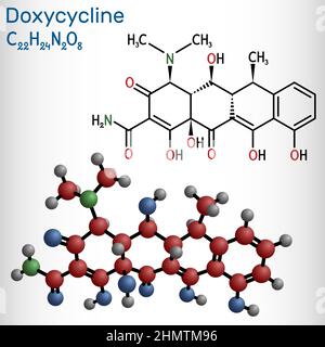 Doxycyclin-Molekül. Es handelt sich um ein Breitband-Tetracyclin-Antibiotikum, das zur Behandlung einer Vielzahl von bakteriellen Infektionen eingesetzt wird. Strukturchemische Formel A Stock Vektor