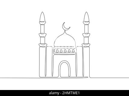 Eine Linie zeichnet das gebäude der islamischen Moschee. Kontinuierlicher Linienvektor minimalistisches Design. Stock Vektor