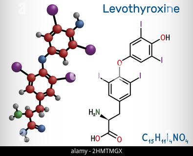 Levothyroxin, L-Thyroxin-Molekül. Es ist eine synthetische Form des Schilddrüsenhormons Thyroxin, Hormon T4, das zur Behandlung der Hypothyreose verwendet wird. Strukturelle Chemie Stock Vektor