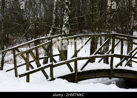 Alte Holzbrücke über den Bach im Dorf. Russische Winterlandschaft. Schneebedeckte Bäume. Verlassene russische Dorf mit Schnee bedeckt. Stockfoto