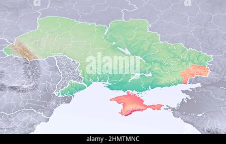 Physische Karte von Europa, der Ukraine und den Grenzen. Russland und Weißrussland, die Krim und das Schwarze Meer. Karte. Militärische Manöver an den Grenzen Stockfoto