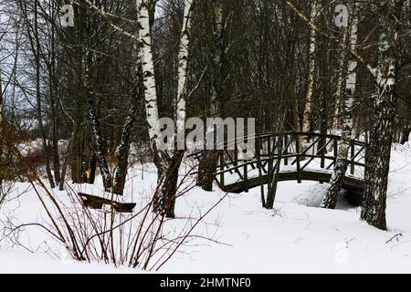 Alte Holzbrücke über den Bach im Dorf. Russische Winterlandschaft. Schneebedeckte Bäume. Verlassene russische Dorf mit Schnee bedeckt. Stockfoto