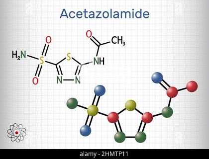 Acetazolamid-Molekül. Es handelt sich um einen carbonischen Anhydrase-Hemmer, der zur Behandlung von Ödemen aufgrund von Herzinsuffizienz, bestimmten Epilepsie-Typen und Glaukom verwendet wird. Struktureller che Stock Vektor