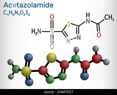 Acetazolamid-Molekül. Es handelt sich um einen carbonischen Anhydrase-Hemmer, der zur Behandlung von Ödemen aufgrund von Herzinsuffizienz, bestimmten Epilepsie-Typen und Glaukom verwendet wird. Struktureller che Stock Vektor