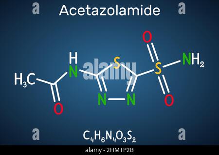 Acetazolamid-Molekül. Es handelt sich um einen carbonischen Anhydrase-Hemmer, der zur Behandlung von Ödemen aufgrund von Herzinsuffizienz, bestimmten Epilepsie-Typen und Glaukom verwendet wird. Struktureller che Stock Vektor