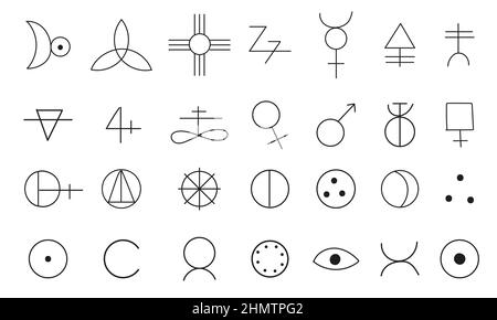 Eine große Reihe von verschiedenen magischen Symbolen und Zeichen. Esoterische Elemente, Magie, Zauberei. Handgezeichnete verschiedene magische Objekte. Vektorgrafik. Stock Vektor