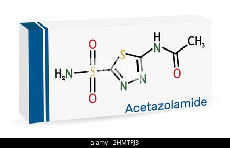 Acetazolamid-Molekül. Es handelt sich um einen carbonischen Anhydrase-Hemmer, der zur Behandlung von Ödemen aufgrund von Herzinsuffizienz, bestimmten Epilepsie-Typen und Glaukom verwendet wird. Skelettchemie Stock Vektor