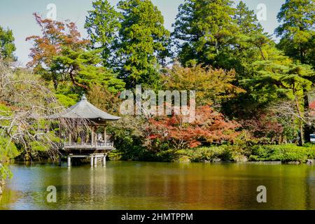 Ein orientalischer Pavillon steht inmitten eines ruhigen und friedlichen Teiches. Die rot färbenden Blätter werden Sie wissen lassen, dass der Herbst kommt. Stockfoto