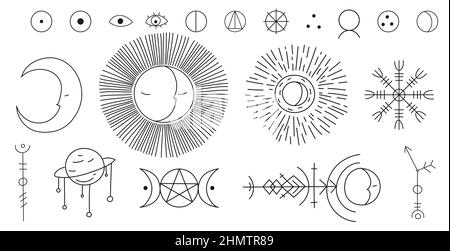 Eine große Reihe von verschiedenen magischen Symbolen und Zeichen. Esoterische Elemente, Magie, Zauberei. Handgezeichnete verschiedene magische Objekte. Vektorgrafik. Stock Vektor