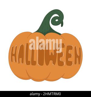 Halloween Cartoon Kürbis mit geschnitzter Inschrift. Vektor-Illustrationselement für Druck, Grußkarte, Poster oder Aufkleber Stock Vektor