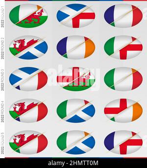 Sammlung von fünfzehn Rugbyspielen für Rugbyturniere, Vektor-Flaggen stilisierten Rugbyball. Stock Vektor