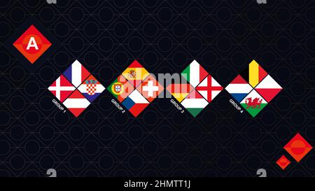 League A Flaggen des Europäischen Fußballwettbewerbs. Nationalmannschaften Flaggen sortiert nach Gruppe. Dunkler Rhombus-Hintergrund. Stock Vektor