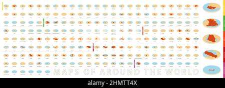 Orangene runde Karte im isometrischen Stil, Karten aus der ganzen Welt. Karten für Web, Infografik und mehr. Stock Vektor