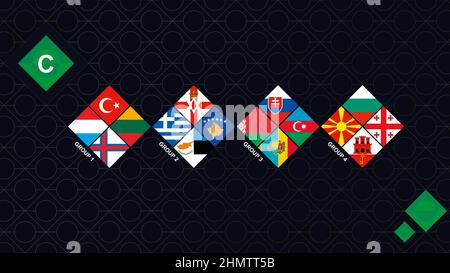 League C Flaggen des Europäischen Fußballwettbewerbs. Nationalmannschaften Flaggen sortiert nach Gruppe. Dunkler Rhombus-Hintergrund. Stock Vektor