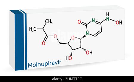 Molnupuiravir-Molekül. Es handelt sich um antivirale Medikamente, anticoronavirales Mittel, Prodrug, das zur Behandlung des Coronavirus COVID-19, SARS-CoV-2 verwendet wird. Skelettchemikalien Stock Vektor