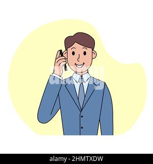 Lächelnder junger Mann telefoniert. Vektorgrafik im Cartoon-Stil auf beigem Hintergrund Stock Vektor