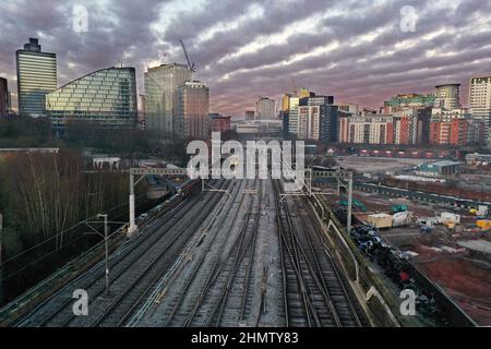 Sonnenaufgang im Stadtzentrum von Manchester Stockfoto