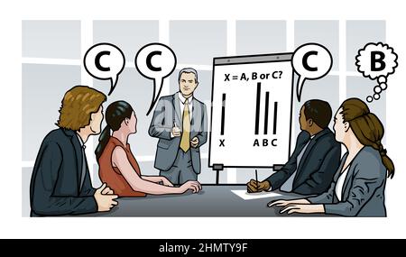 Die Asch-Konformitätsstudie, 1951 Illustration der psychologischen Studie - realistisch, nicht Cartoon-Themen. Solomon Asch's, Studie zum Druck von Gruppen/Kollegen. Stockfoto