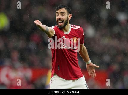 Manchester, Großbritannien. 12th. Februar 2022. Bruno Fernandes von Manchester United reagiert während des Spiels in der Premier League in Old Trafford, Manchester. Bildnachweis sollte lauten: Andrew Yates / Sportimage Kredit: Sportimage/Alamy Live Nachrichten Kredit: Sportimage/Alamy Live Nachrichten Stockfoto