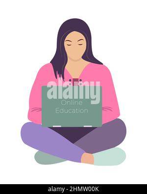 Online-Bildung Frau mit Laptop. Sitzen Lesen Arbeiten Online Lernen Bildung Webinar Training Fernunterricht. Isoliert. Vektorgrafik. Vektorgrafik Stock Vektor