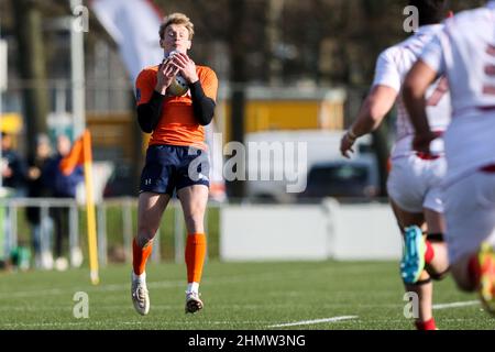 Amsterdam, Niederlande. 12th. Februar 2022. AMSTERDAM, NIEDERLANDE - 12. FEBRUAR: Jordy Hop of the Netherlands during the Rugby Europe Championship match between the Netherlands and Georgia at Nationaal Rugby Centrum Amsterdam on February 12, 2022 in Amsterdam, Netherlands (Photo by Hans van der Valk/Orange Picics) Credit: Orange Pics BV/Alamy Live News Stockfoto