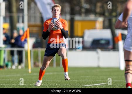 Amsterdam, Niederlande. 12th. Februar 2022. AMSTERDAM, NIEDERLANDE - 12. FEBRUAR: Jordy Hop of the Netherlands during the Rugby Europe Championship match between the Netherlands and Georgia at Nationaal Rugby Centrum Amsterdam on February 12, 2022 in Amsterdam, Netherlands (Photo by Hans van der Valk/Orange Picics) Credit: Orange Pics BV/Alamy Live News Stockfoto