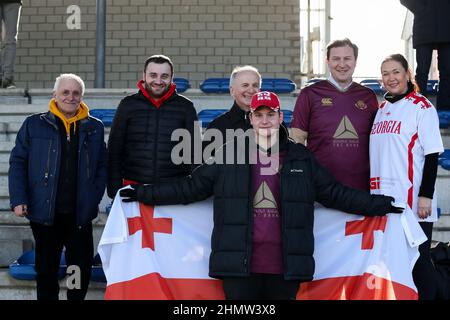 Amsterdam, Niederlande. 12th. Februar 2022. AMSTERDAM, NIEDERLANDE - 12. FEBRUAR: Unterstützer des Teams von Georgien während des Rugby-Europa-Meisterschaftsspiel zwischen den Niederlanden und Georgien im Nationaal Rugby Centrum Amsterdam am 12. Februar 2022 in Amsterdam, Niederlande (Foto von Hans van der Valk/Orange Picics) Credit: Orange Pics BV/Alamy Live News Stockfoto