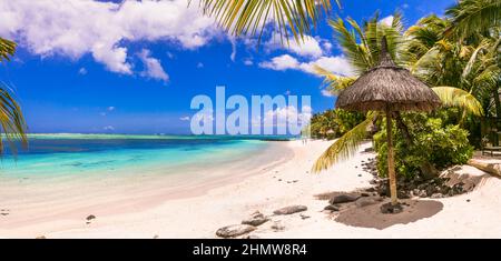 Idyllischer tropischer Urlaub. Traumstrand mit türkisfarbenem Meer, Palmen und weißem Sand. Mauritius-Insel Stockfoto
