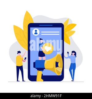 Empfehlen Sie einen Freund Vektor Illustration Konzept mit Zeichen und Social Media. Moderner flacher Stil für Landing Page, mobile App, Poster, Flyer, Webbanner Stock Vektor