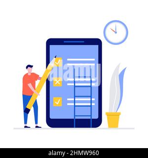 Zeitmanagement und Organisation Vektor Illustration Konzept mit Zeichen. Mann, der für die Planung mobil ist. Moderner flacher Stil für Landing Page, mobil Stock Vektor