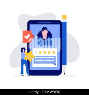 Kundenservice und User Experience Vektordarstellung Konzept mit Zeichen. Eine Klientin gibt ein 5-Sterne-Feedback und hinterlässt eine positive Bewertung. Stock Vektor